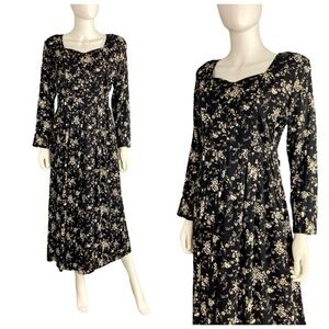 90’s vintage black floral long sleeve empire waist goth boho maxi dress m/l